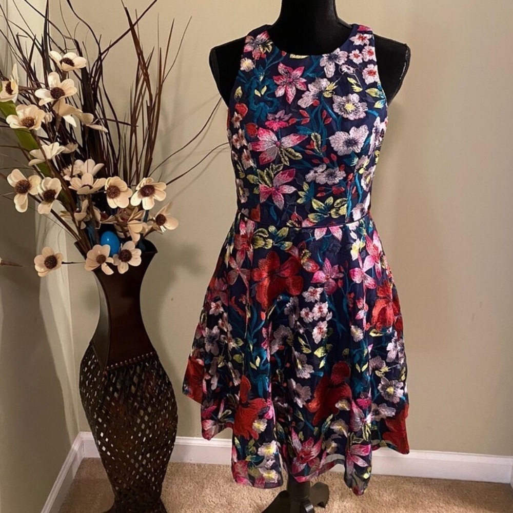 Gianni Bini Pink Red Botanical Embroidered A-Line Mini Sundress Size 6 Women’s